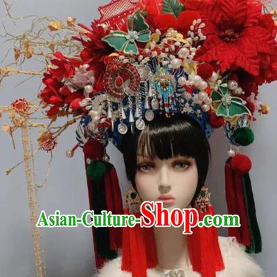 Traditional Chinese Deluxe Red Feather Phoenix Coronet Hair Accessories Halloween Stage Show Headdress for Women