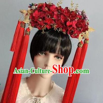 Traditional Chinese Deluxe Red Flowers Phoenix Coronet Hair Accessories Halloween Stage Show Headdress for Women