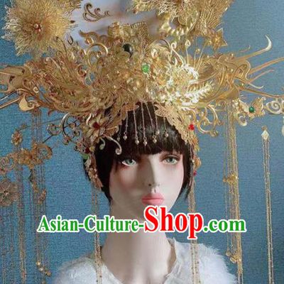 Traditional Chinese Deluxe Golden Palace Phoenix Coronet Hair Accessories Halloween Stage Show Headdress for Women
