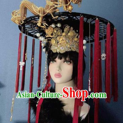 Traditional Chinese Deluxe Palace Golden Dragon Tassel Hat Hair Accessories Halloween Stage Show Headdress for Women