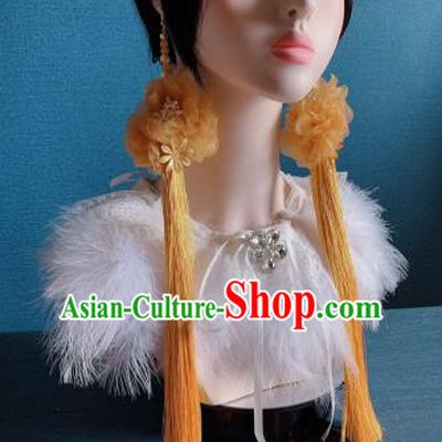 Traditional Chinese Deluxe Yellow Tassel Flowers Ear Accessories Halloween Stage Show Earrings for Women