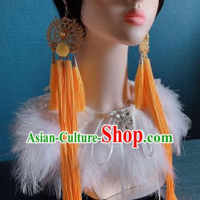 Traditional Chinese Deluxe Yellow Long Tassel Ear Accessories Halloween Stage Show Earrings for Women