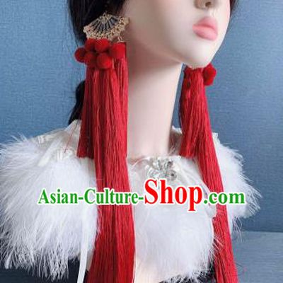 Traditional Chinese Deluxe Red Tassel Fan Ear Accessories Halloween Stage Show Earrings for Women