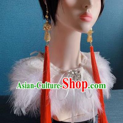Traditional Chinese Deluxe Orange Long Tassel Ear Accessories Halloween Stage Show Earrings for Women