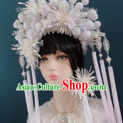 Traditional Chinese Deluxe White Flowers Phoenix Coronet Hair Accessories Halloween Stage Show Headdress for Women