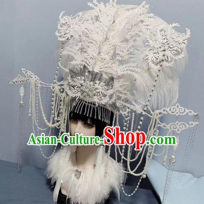 Traditional Chinese Deluxe White Lace Pearls Phoenix Coronet Hair Accessories Halloween Stage Show Headdress for Women