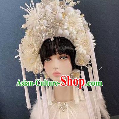 Traditional Chinese Deluxe White Phoenix Coronet Hair Accessories Halloween Stage Show Headdress for Women