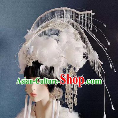Traditional Chinese Deluxe White Feather Phoenix Coronet Hair Accessories Halloween Stage Show Headdress for Women