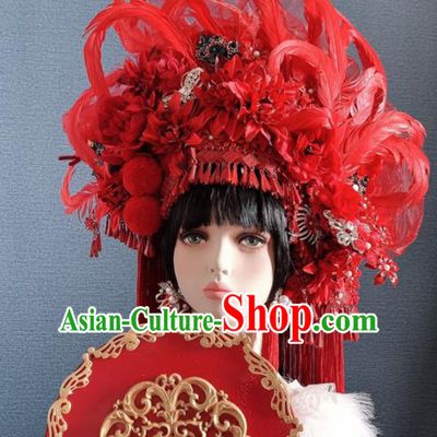 Traditional Chinese Deluxe Red Feather Phoenix Coronet Hair Accessories Halloween Stage Show Headdress for Women