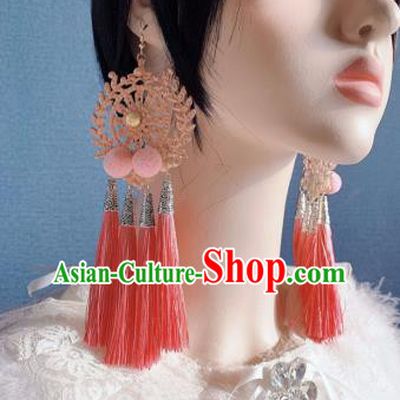 Traditional Chinese Deluxe Pink Tassel Ear Accessories Halloween Stage Show Earrings for Women