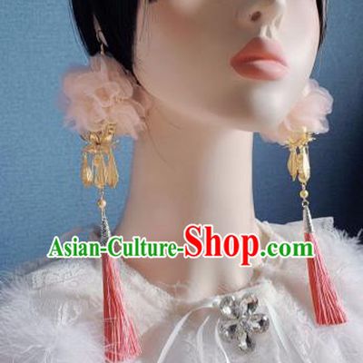 Traditional Chinese Deluxe Pink Tassel Feather Ear Accessories Halloween Stage Show Earrings for Women