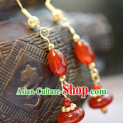 Traditional Chinese Handmade Court Ear Accessories Ancient Princess Red Agate Earrings for Women