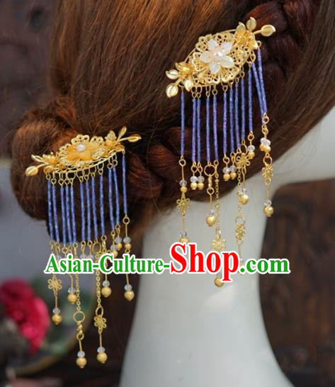 Traditional Chinese Handmade Hair Accessories Ancient Hanfu Blue Beads Tassel Hair Combs for Women Traditional Chinese Handmade Hair Accessories Ancient Hanfu Blue Beads Tassel Hair Combs for Women