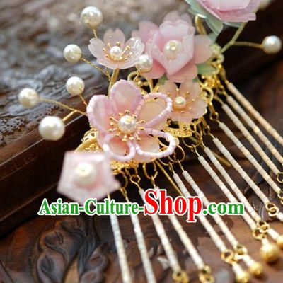 Traditional Chinese Handmade Hair Accessories Pink Flowers Hairpins Ancient Hanfu Tassel Hair Claws for Women