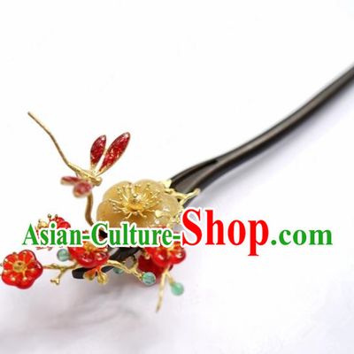 Traditional Chinese Handmade Court Red Plum Dragonfly Hairpins Hair Accessories Ancient Hanfu Hair Clip for Women