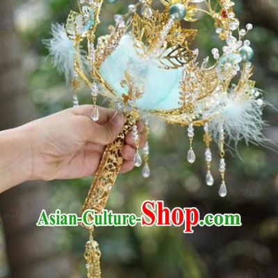 Traditional Chinese Wedding Accessories Ancient Bride Blue Feather Bouquet for Women
