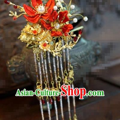 Traditional Chinese Handmade Court Red Maple Leaf Tassel Hairpins Hair Accessories Ancient Hanfu Hair Clip for Women