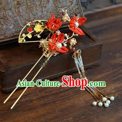 Traditional Chinese Handmade Court Red Maple Leaf Plum Tassel Hairpins Hair Accessories Ancient Hanfu Hair Clip for Women
