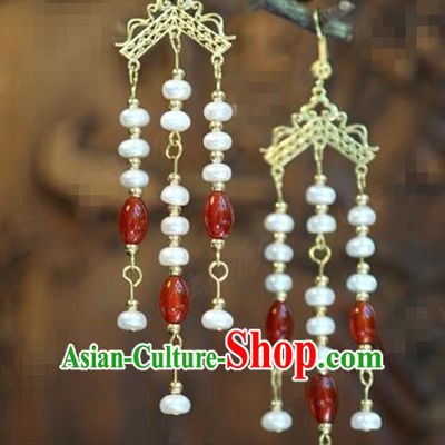 Traditional Chinese Handmade Court Agate Pearls Tassel Ear Accessories Ancient Princess Earrings for Women