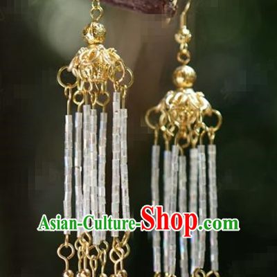 Traditional Chinese Handmade Court White Beads Tassel Ear Accessories Ancient Princess Earrings for Women