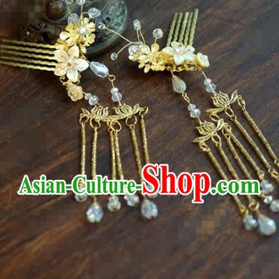 Traditional Chinese Ancient Queen Lotus Tassel Hair Combs Handmade Hanfu Court Hairpins Hair Accessories for Women