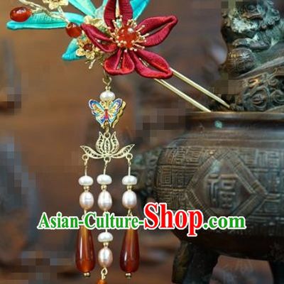 Traditional Chinese Ancient Queen Agate Tassel Hair Clips Handmade Hanfu Court Hairpins Hair Accessories for Women