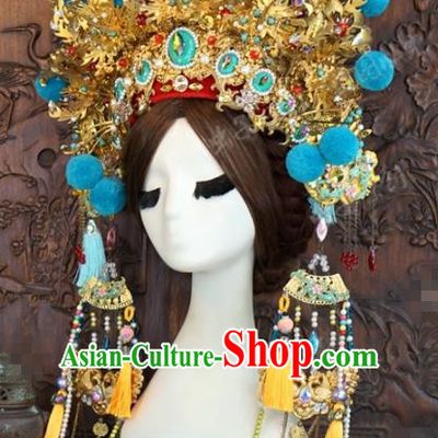 Traditional Chinese Wedding Hair Accessories Blue Venonat Phoenix Coronet Ancient Bride Hairpins Complete Set for Women