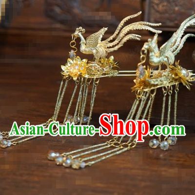 Traditional Chinese Ancient Bride Golden Phoenix Hair Clip Handmade Hanfu Court Queen Tassel Hairpins Hair Accessories for Women