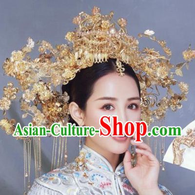 Traditional Chinese Wedding Hair Accessories Golden Phoenix Coronet Ancient Bride Hairpins Complete Set for Women