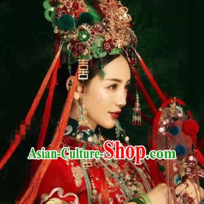 Traditional Chinese Wedding Hair Accessories Green Phoenix Coronet Ancient Bride Hairpins Complete Set for Women