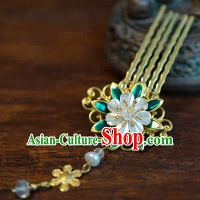 Traditional Chinese Handmade Court Shell Flower Hairpins Hair Accessories Ancient Queen Hanfu Tassel Hair Comb for Women