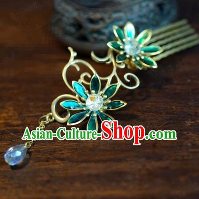 Traditional Chinese Handmade Court Blueing Flower Hairpins Hair Accessories Ancient Queen Hanfu Tassel Hair Comb for Women