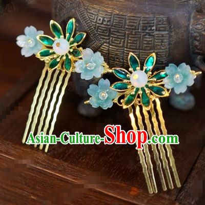 Traditional Chinese Ancient Bride Blue Plum Hair Combs Hanfu Court Queen Hairpins Handmade Hair Accessories for Women