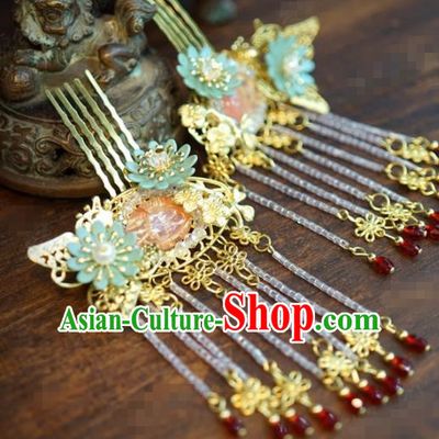Traditional Chinese Ancient Bride Tassel Hair Combs Hanfu Court Queen Hairpins Handmade Hair Accessories for Women