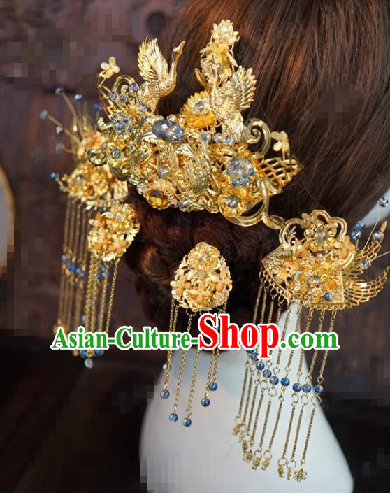 Traditional Chinese Wedding Hair Accessories Ancient Bride Golden Cranes Phoenix Coronet Hairpins Complete Set for Women Traditional Chinese Wedding Hair Accessories Ancient Bride Golden Cranes Phoenix Coronet Hairpins Complete Set for Women