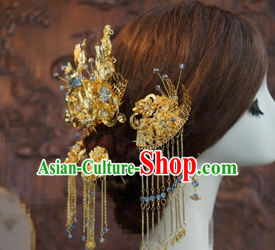 Traditional Chinese Wedding Hair Accessories Ancient Bride Golden Cranes Phoenix Coronet Hairpins Complete Set for Women Traditional Chinese Wedding Hair Accessories Ancient Bride Golden Cranes Phoenix Coronet Hairpins Complete Set for Women