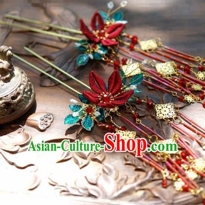Traditional Chinese Handmade Court Red Flower Tassel Hairpins Hair Accessories Ancient Queen Hanfu Hair Clip for Women