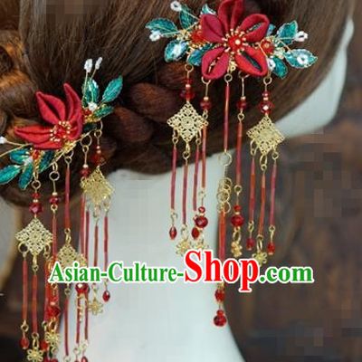 Traditional Chinese Handmade Court Tassel Hairpins Hair Accessories Ancient Queen Hanfu Red Flower Hair Claws for Women