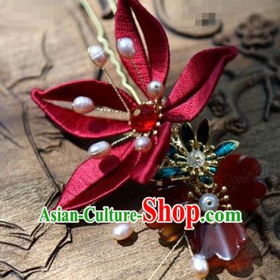 Traditional Chinese Handmade Court Agate Hairpins Hair Accessories Ancient Queen Hanfu Red Flower Hair Clip for Women
