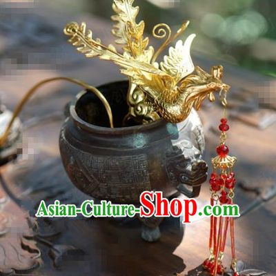 Traditional Chinese Handmade Court Red Tassel Phoenix Hairpins Hair Accessories Ancient Hanfu Hair Clip for Women