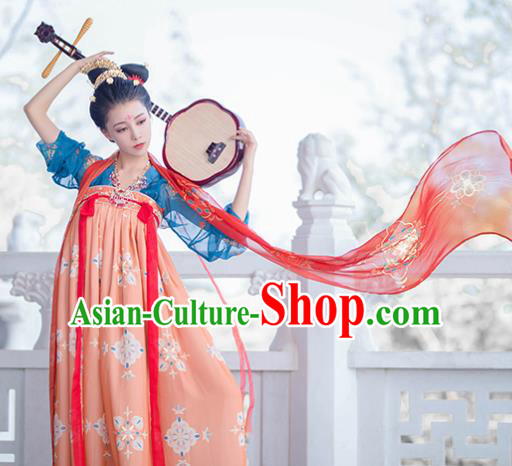 Traditional Chinese Tang Dynasty Court Princess Replica Costumes Ancient Palace Lady Orange Hanfu Dress for Women