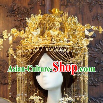 Traditional Chinese Wedding Luxury Golden Butterfly Phoenix Coronet Hair Accessories Ancient Bride Tassel Hairpins Complete Set for Women
