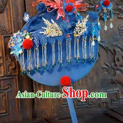 Traditional Chinese Handmade Court Wedding Blue Round Fans Ancient Bride Palace Fan Accessories for Women