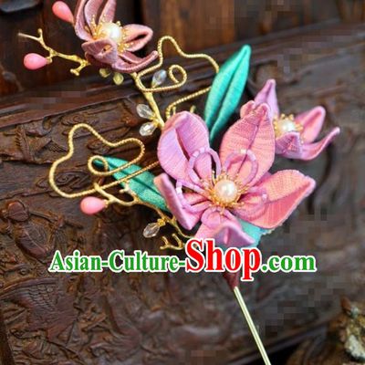 Traditional Chinese Ancient Bride Pink Flower Hair Clip Hanfu Court Queen Hairpins Handmade Hair Accessories for Women