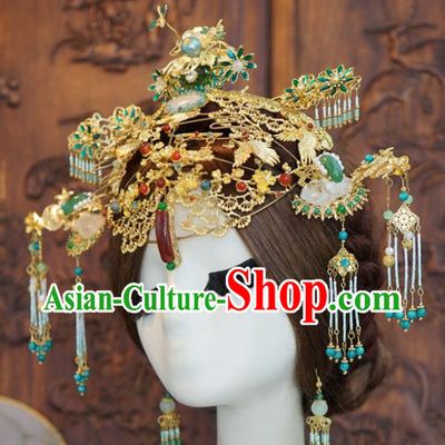 Traditional Chinese Wedding Luxury Agate Phoenix Coronet Hair Accessories Ancient Bride Hairpins Complete Set for Women
