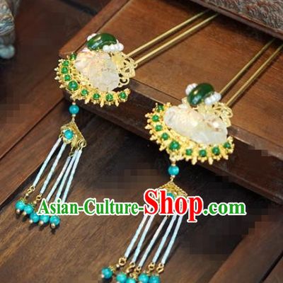 Traditional Chinese Ancient Bride Jade Tassel Hair Clip Hanfu Court Queen Hairpins Handmade Hair Accessories for Women