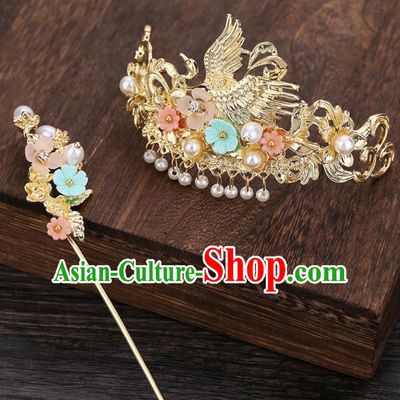 Traditional Chinese Ancient Hanfu Crane Hair Crown Court Queen Hairpins Handmade Hair Accessories for Women