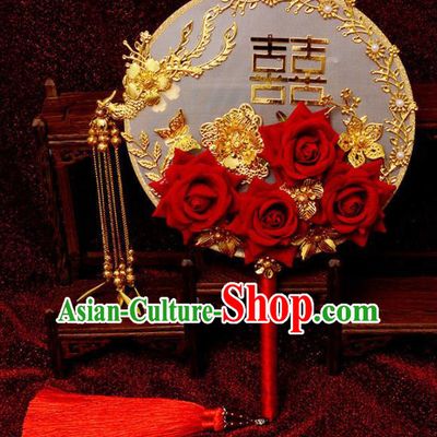 Traditional Chinese Handmade Court Wedding Red Roses Round Fans Ancient Bride Palace Fan Accessories for Women