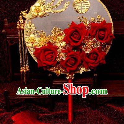 Traditional Chinese Handmade Court Wedding Round Fans Ancient Bride Red Roses Palace Fan for Women