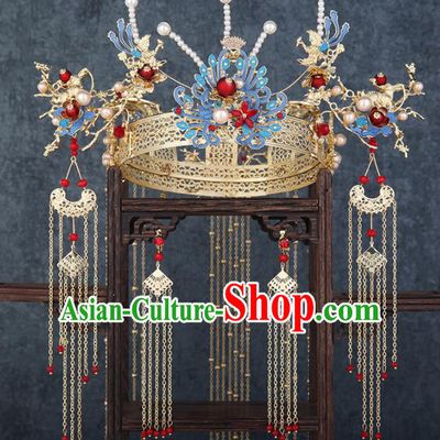 Traditional Chinese Wedding Blueing Phoenix Coronet Luxury Hair Accessories Ancient Bride Hairpins Complete Set for Women